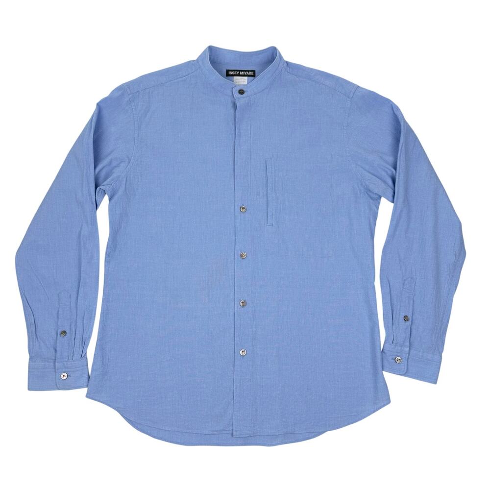 Issey Miyake Crinkle Texture Cotton Mandarin Band Collar Shirt Blue XL Japan